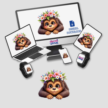 Adorable Sasquatch with a Spring Flower Crown displayed on a computer monitor and laptop, offering stickers or digital artwork options.