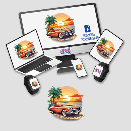 Classic sunset car scene with tropical palm trees, digital artwork for download from Decal Venue online store.