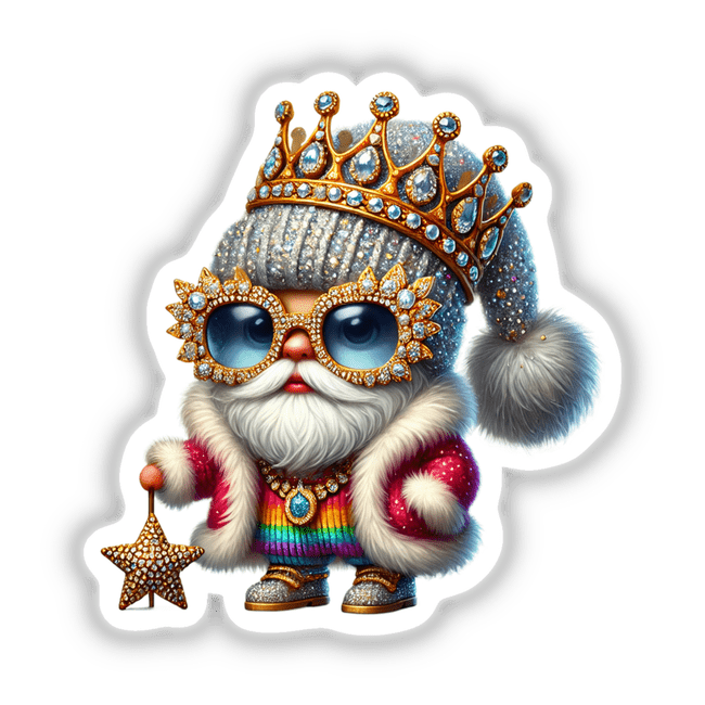 Colorful digital artwork depicting a gnome wearing a blingy crown, sunglasses, and holding a star-shaped object