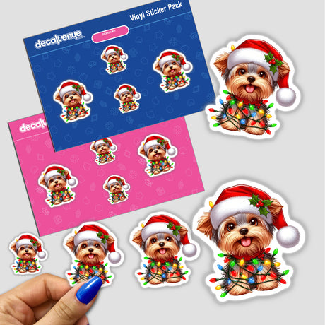 Christmas Yorkie Mistletoe and Tangled Lights sticker pack featuring a cartoon dog in a Santa hat adorned with Christmas lights, capturing festive charm. Available as stickers or digital artwork.