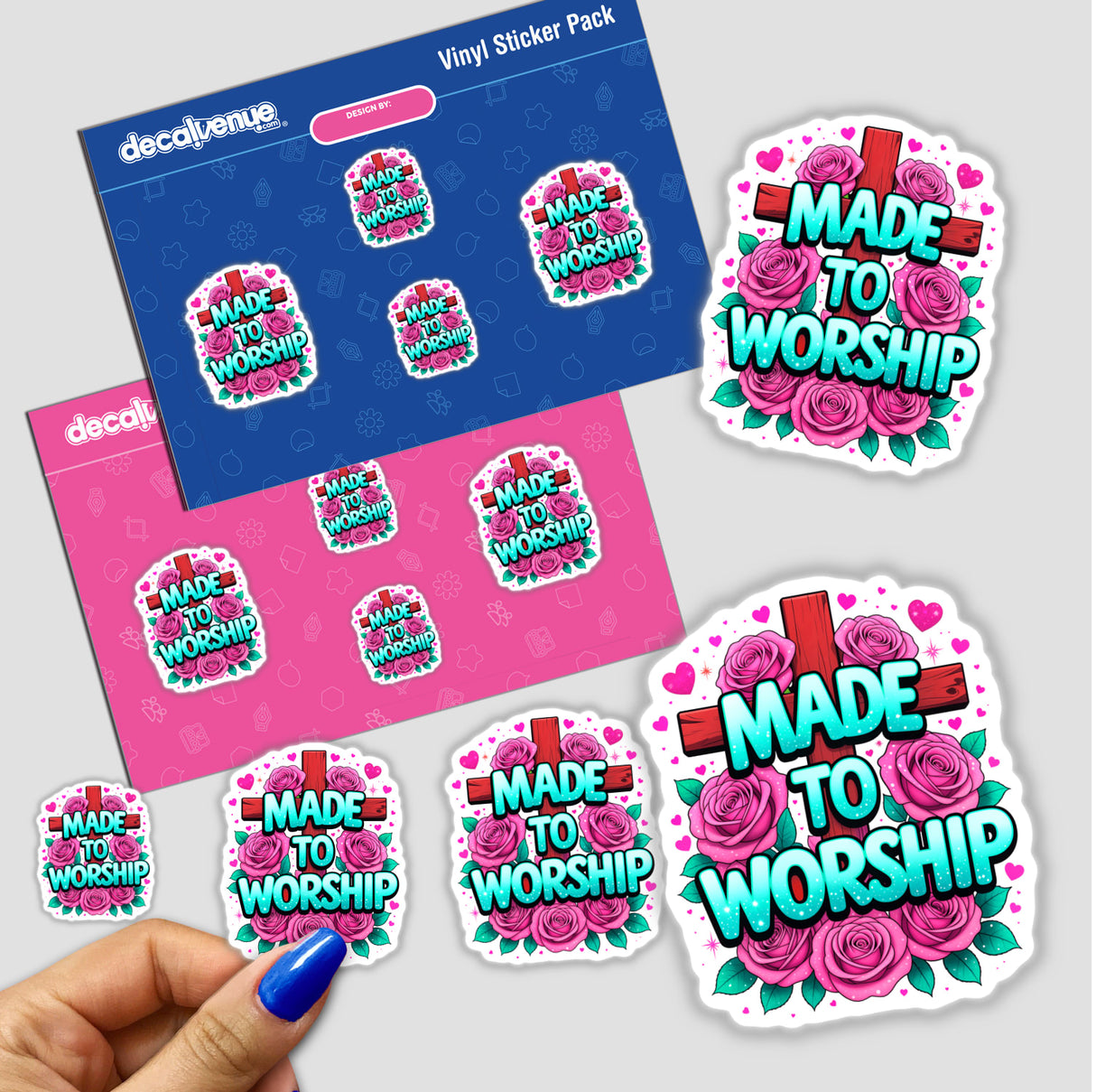 Hand holding a Made To Worship sticker pack featuring crosses and roses, available as physical stickers or digital artwork, reflecting Decal Venue's unique sticker and digital art offerings.