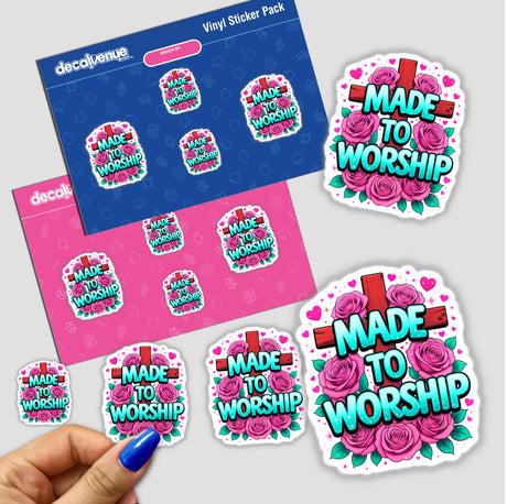 Hand holding a Made To Worship sticker pack featuring crosses and roses, available as physical stickers or digital artwork, reflecting Decal Venue's unique sticker and digital art offerings.