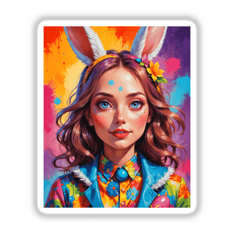 A Cute Easter Bunny Girl artwork features a woman in bunny ears and a colorful shirt, embodying whimsical charm. Perfect for Easter, available as stickers or digital art from Decal Venue.