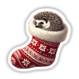 Hedgehog Curled Up in Christmas Stocking: An adorable hedgehog nestled in a festive red and white stocking, perfect as a sticker or digital download for adding holiday cheer to any project.