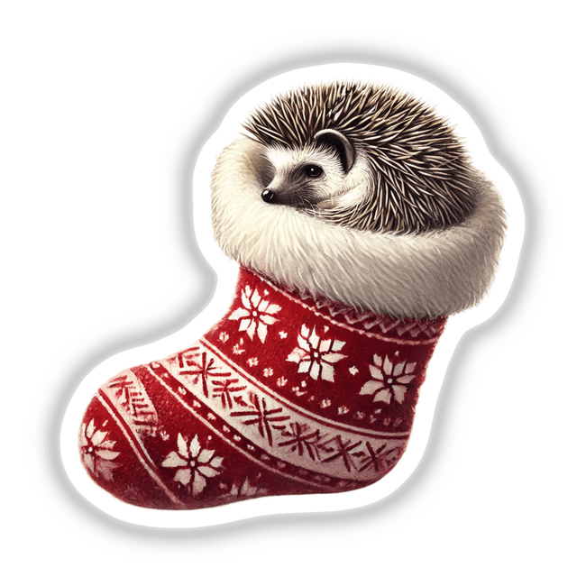 Hedgehog Curled Up in Christmas Stocking: An adorable hedgehog nestled in a festive red and white stocking, perfect as a sticker or digital download for adding holiday cheer to any project.