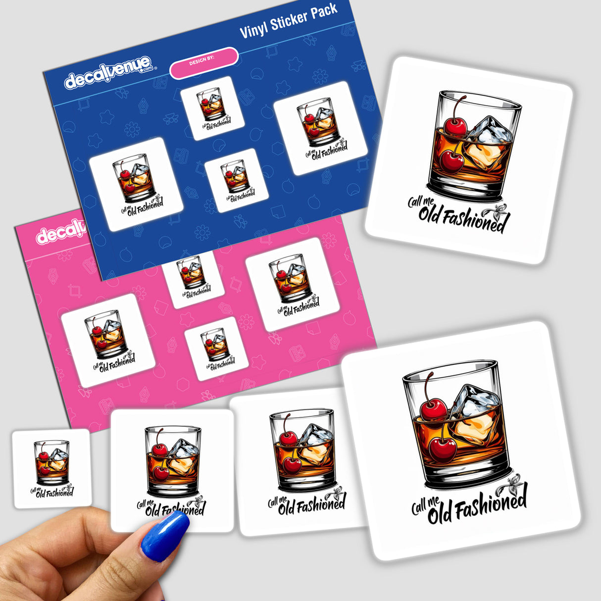 Sticker pack titled Call Me Old Fashioned featuring illustrated whiskey glasses with cherries and ice cubes, embodying a vibrant cartoon design, available as stickers or digital artwork from Decal Venue.