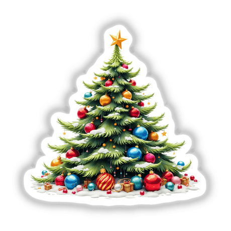 Watercolor Christmas Tree with Ornaments, adorned with various festive decorations and a star on top, available as unique stickers or digital artwork from Decal Venue.