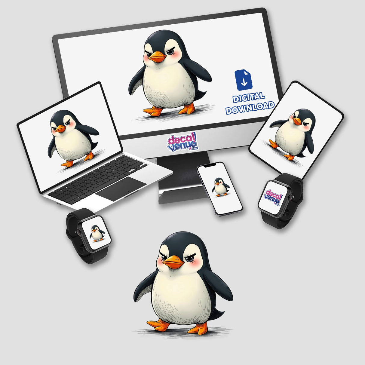 Cute Cartoon Penguin with Orange Feet displayed on various devices like a laptop, tablet, and smartwatch, showcasing the versatility of the stickers or digital artwork available.