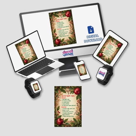 Spiced Apple Cider Recipe Clipart – Stickers or Printable Download with Commercial Rights showcasing a computer monitor, laptop, tablet, and phone displaying the recipe.