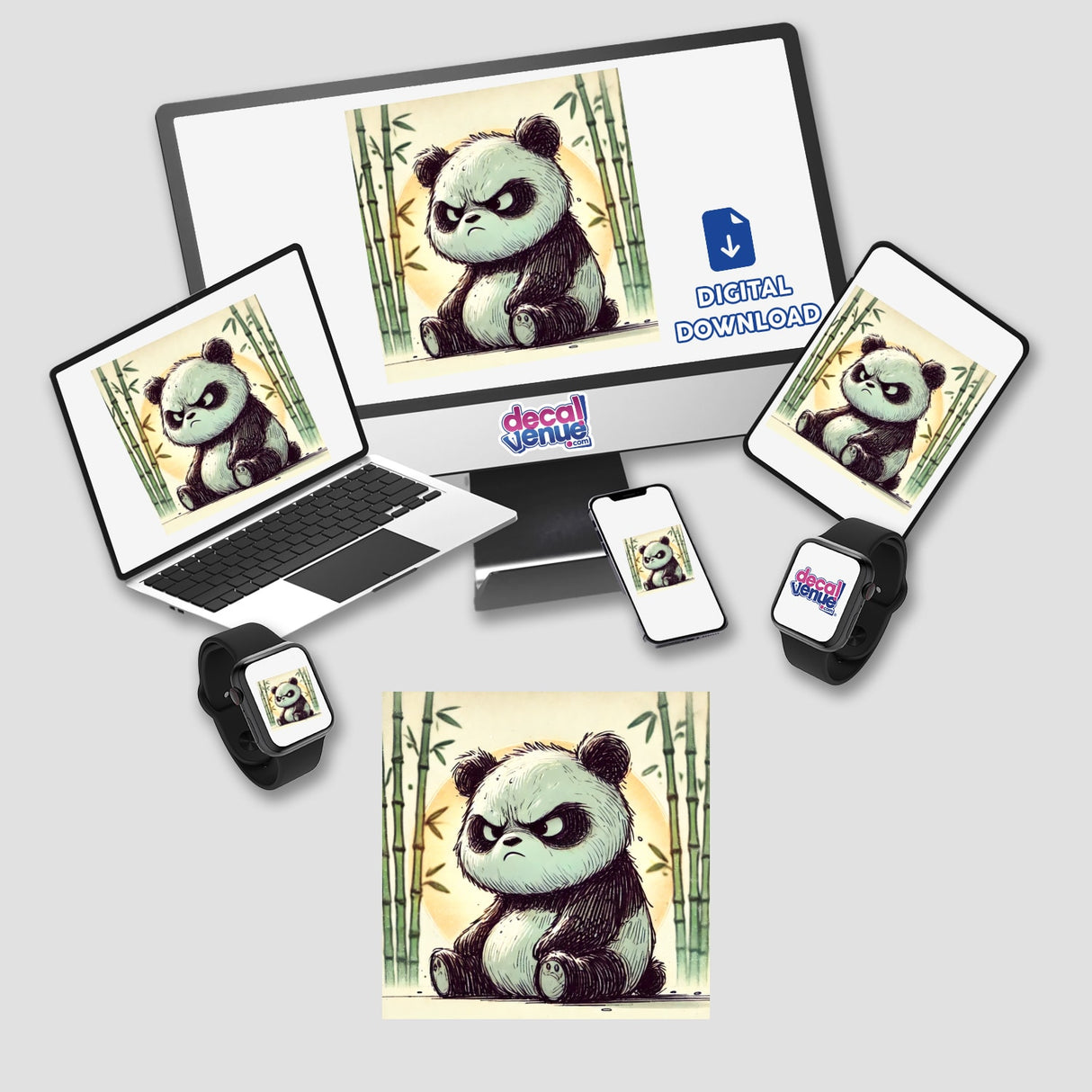 Frowning Panda in a Bamboo Forest displayed on multiple devices, including a laptop, tablet, and phone, as digital artwork or stickers.