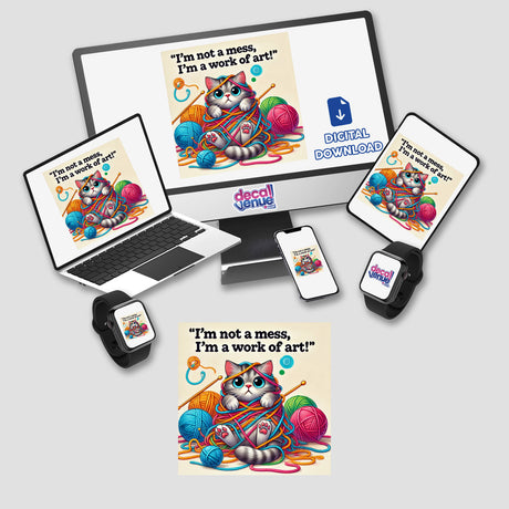 Funny Cat - I’m not a mess, I’m a work of art displayed on a computer monitor and laptop screen, featuring a cartoon cat wrapped in yarn, available as stickers or digital artwork.