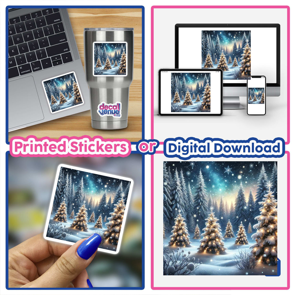 Collage featuring Frosted Pines - A Snowy Forest with Decorated Trees as stickers or digital artwork, showcasing snowy trees, laptops displaying the art, and close-up details.