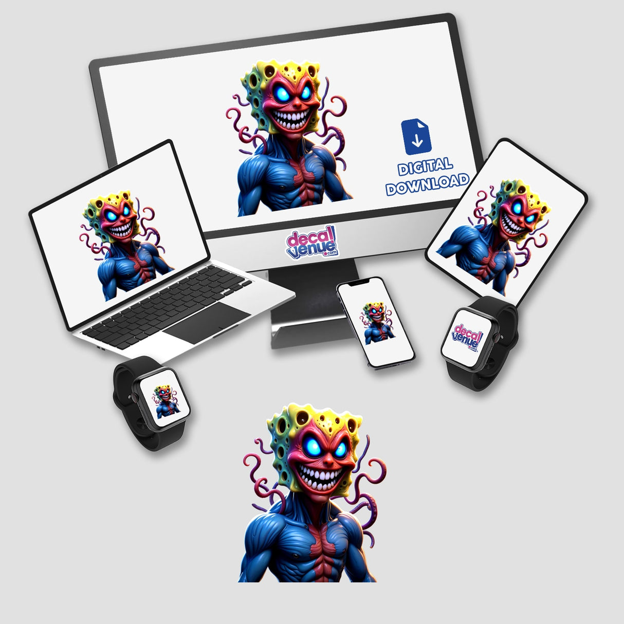 Alien Mutant Superhero Villain displayed on a computer monitor and laptop, showcasing its availability as stickers or digital artwork at Decal Venue.