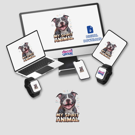 Smiling Pitbull dog digital artwork featured on various digital devices and merchandise, showcasing the "My Spirit Animal" design from Decal Venue's store.