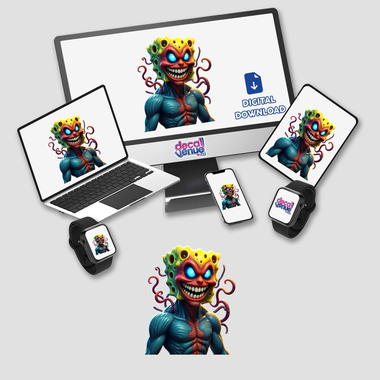 Alien Mutant Superhero Villain displayed on a computer monitor and laptop screen, available as stickers or digital artwork, showcasing a cartoon character with a large mouth and tentacles.