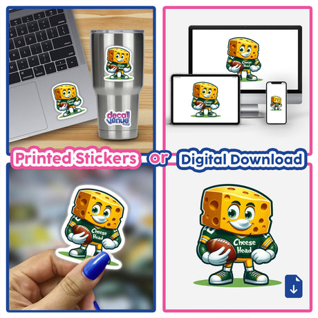 Cheese Head Football Fan sticker and digital art featuring a cartoon cheese mascot holding a football, shown on various devices and as a hand-held sticker.