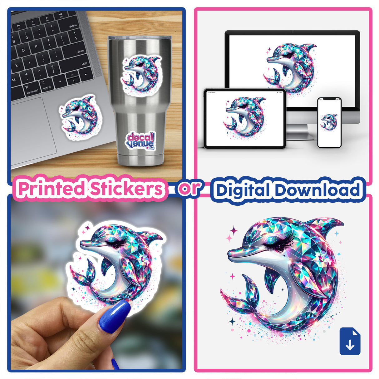 Sparkling digital artwork of a faceted dolphin in vibrant colors, showcased on various product mockups including a laptop, smartphone, and sticker.