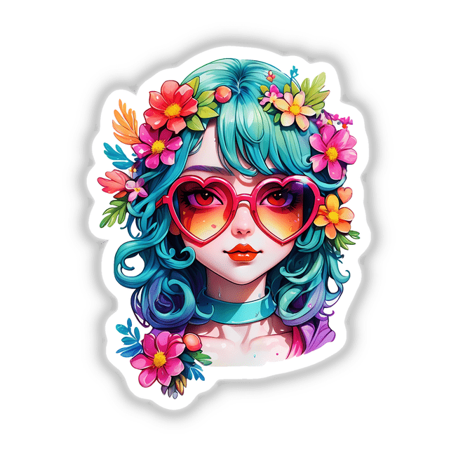 Adorable Girl in Heart Sunglasses Sticker - Trendy Kawaii Fashion Design features a cartoon girl with flowers in her hair and heart-shaped sunglasses. Available as stickers or digital artwork.