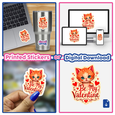 Be My Valentine Valentine's Day Kitten product collage featuring cartoon cat stickers and digital downloads, including a cat holding a heart, perfect for unique, charming decor from Decal Venue.