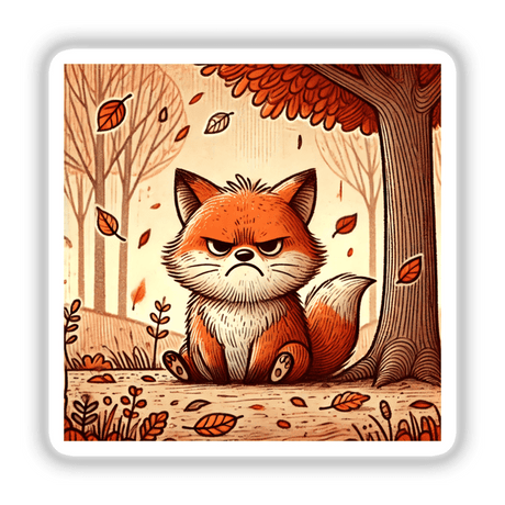 Grumpy Fox in Autumn: A cartoon fox sits under a tree, looking grumpy. Available as stickers or digital artwork.