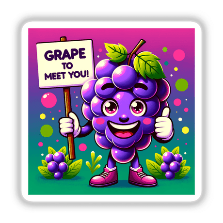 Cartoon grape character titled Grape To Meet You, holding a sign with a smiling face, available as stickers or digital artwork from Decal Venue's unique collection.