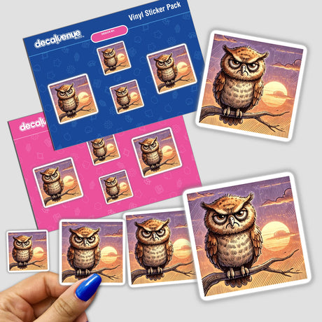 Grumpy Owl at Sunset sticker featuring a cartoon owl with a scowling expression perched on a branch.