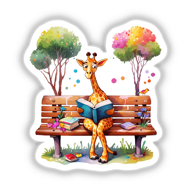 Bookworm Giraffe: Cute Giraffe Reading on a Bench - Cartoon illustration of a giraffe engrossed in a book while sitting on a bench. Available as stickers or digital artwork from Decal Venue.