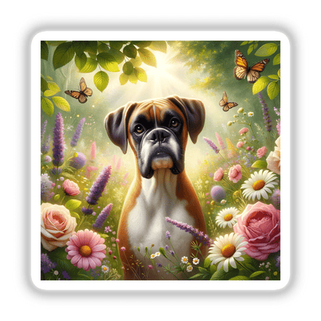 Boxer in a Lush Wildflower Meadow Watercolor Illustration depicting a dog amidst vibrant flowers with butterflies, available as stickers or digital artwork.