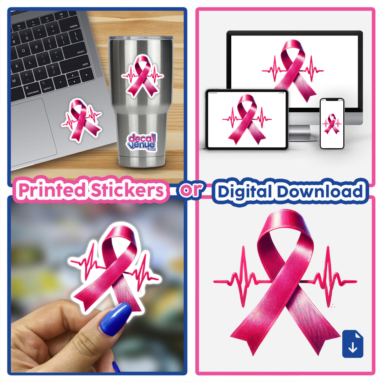 Pink Ribbon and Heartbeat Breast Cancer Awareness collage featuring pink ribbons, a laptop screen, a stainless steel cup, and a blue-painted fingernail, available as stickers or digital artwork.