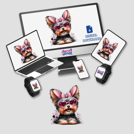 Cute Easter Yorkie Bunny image displayed on a computer monitor and various devices, highlighting its availability as stickers or digital artwork. The design features a Yorkie wearing pink sunglasses.