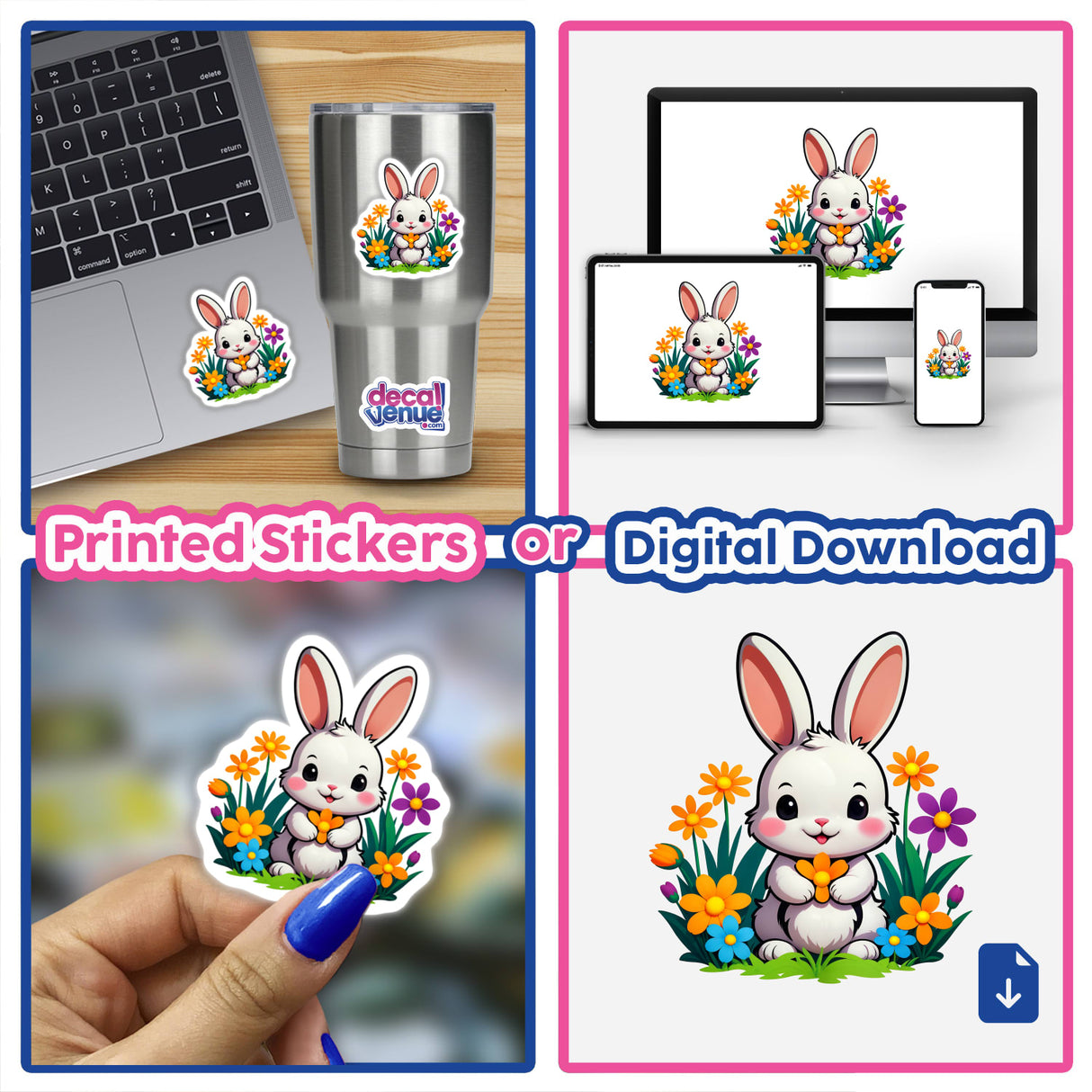 Cute Rabbit With Blooming Spring Flowers as stickers and digital art, featuring a cartoon rabbit with flowers, shown on laptops, cups, and more in a collage layout.