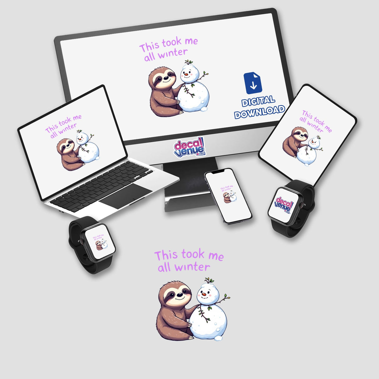 Sloth winter digital art featuring a cartoon sloth and snowman on a computer monitor and laptop screen, available as vinyl stickers or digital downloads from Decal Venue.