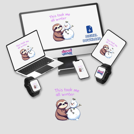 Sloth winter digital art featuring a cartoon sloth and snowman on a computer monitor and laptop screen, available as vinyl stickers or digital downloads from Decal Venue.