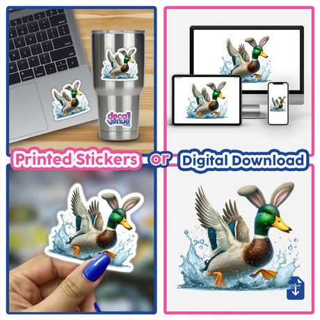 Mallard Duck w Bunny Ears Splashing sticker displayed on a laptop, featuring a cartoon duck with bunny ears running through water, embodying Decal Venue's unique vinyl sticker and digital art offerings.