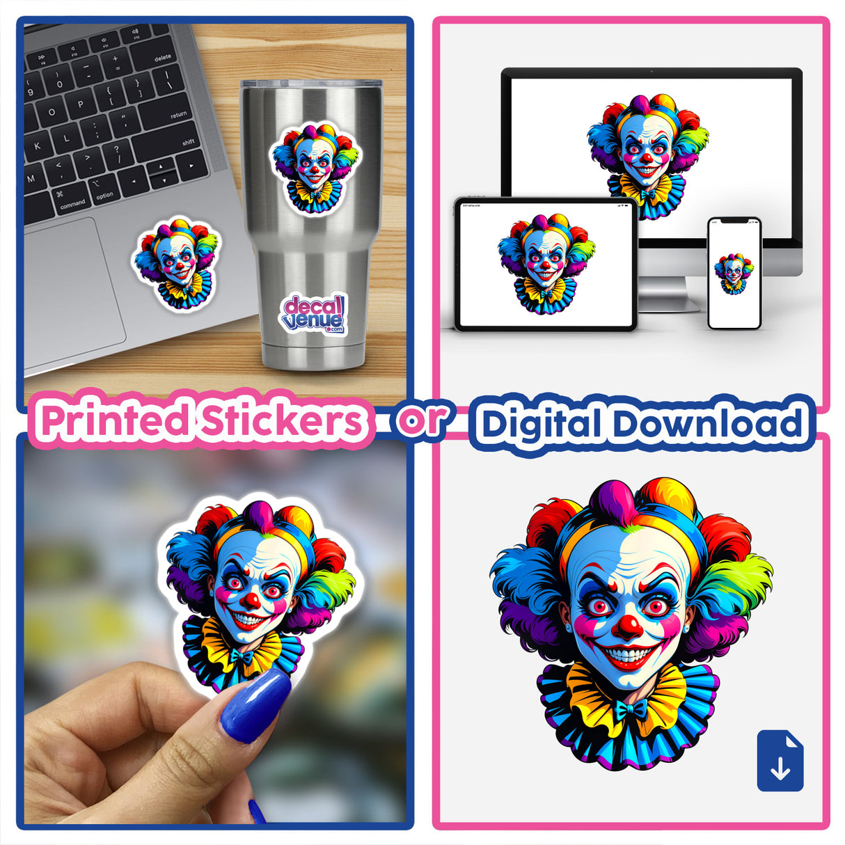 Collage featuring A Crazy Clown Girl sticker on various items including a hand, cup, and laptop, highlighting its playful cartoon design. Available as stickers or digital artwork.