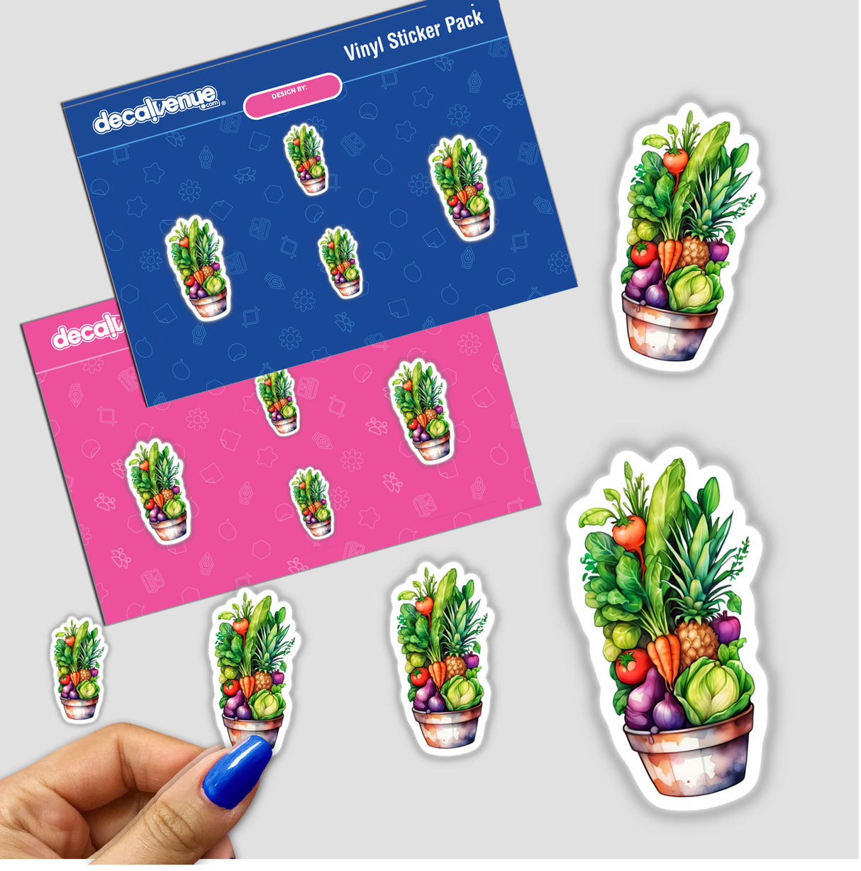 Hand holding a 'Farmers Market Vegetables Sticker | Basket of Fresh Produce Art' pack, featuring colorful fruit and vegetable designs. Available as stickers or digital artwork from Decal Venue.