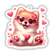 Happy in Love Pomeranian Dog wearing pink heart glasses, available as stickers or digital artwork. Perfect for adding a playful touch to your collection from Decal Venue.