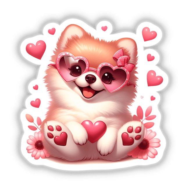 Happy in Love Pomeranian Dog wearing pink heart glasses, available as stickers or digital artwork. Perfect for adding a playful touch to your collection from Decal Venue.