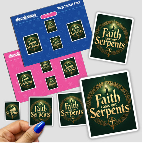 Faith Casts Out Serpents sticker pack held in a hand, showcasing Christian St. Patrick’s Day design, available as stickers or digital artwork with commercial rights.