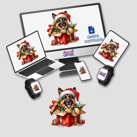 Christmas Lights Santa German Shepherd in Gift Box II depicted as a sticker or digital artwork, featuring a dog wearing a Santa hat surrounded by holiday lights, suitable for laptops and gadgets.