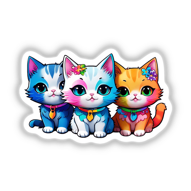 Three kitties cartoon illustration featuring a group of playful cats, available as stickers or digital artwork from Decal Venue.