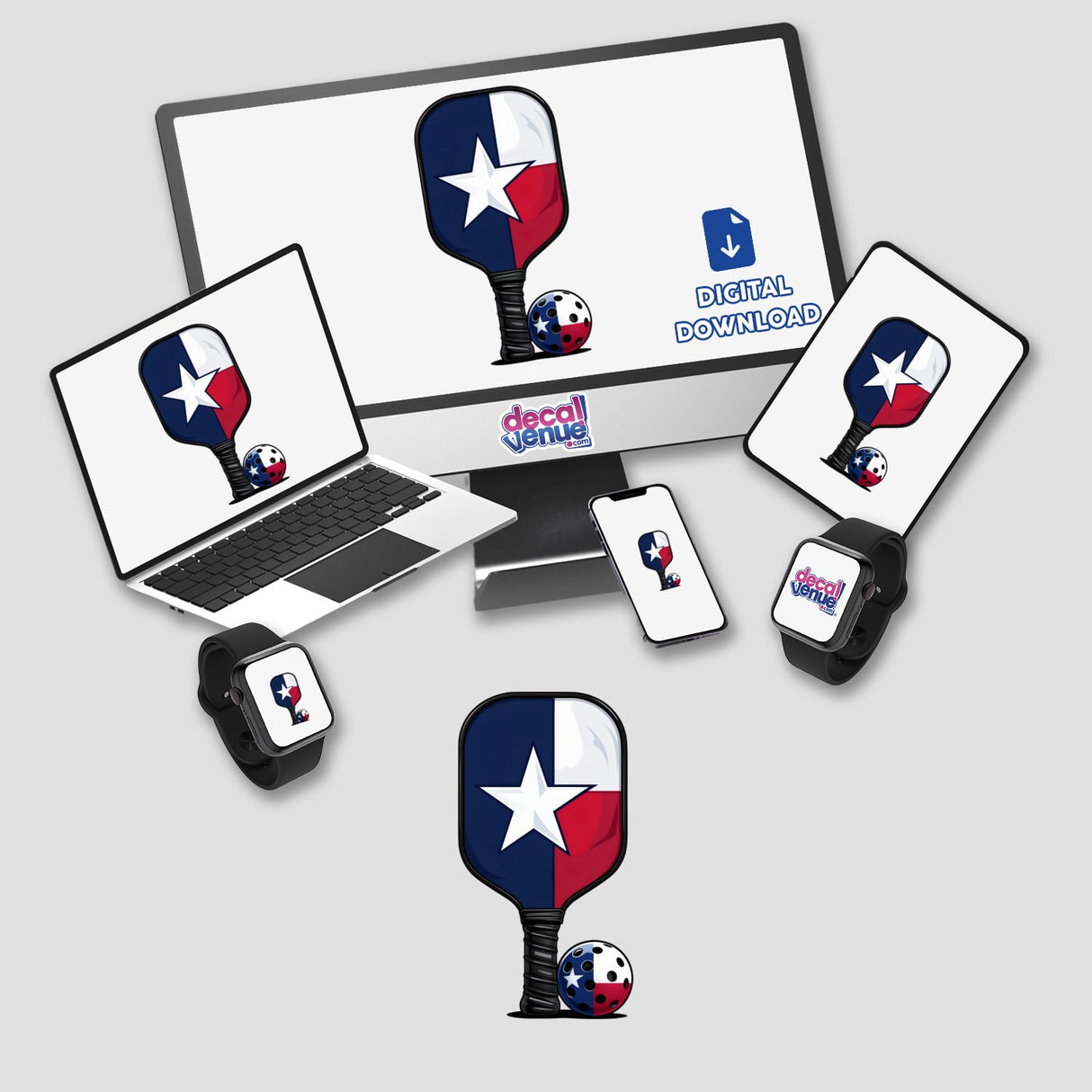 Pickleball Paddle Texas Theme depicted with a white star, blue ball, and Texas flag elements, available as stickers or digital artwork from Decal Venue.