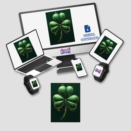 Golden Vein Shamrock – Lush Green Clover with Sparkling Gold Accents displayed on screens of a computer monitor and laptop, ideal for stickers or digital artwork from Decal Venue.