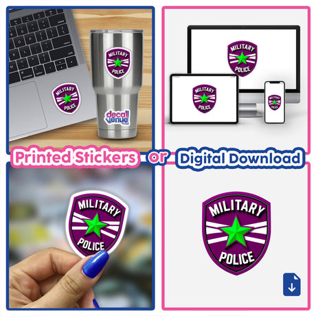 Military Police Shield Logo stickers and digital artwork, featuring a collage of various stickers on devices and accessories, emphasizing the distinctive design offered by Decal Venue.