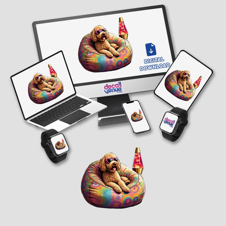 Goldendoodle relaxing on a colorful bean bag with a lava lamp, featured on a computer monitor and laptop screen. Available as stickers or digital artwork.