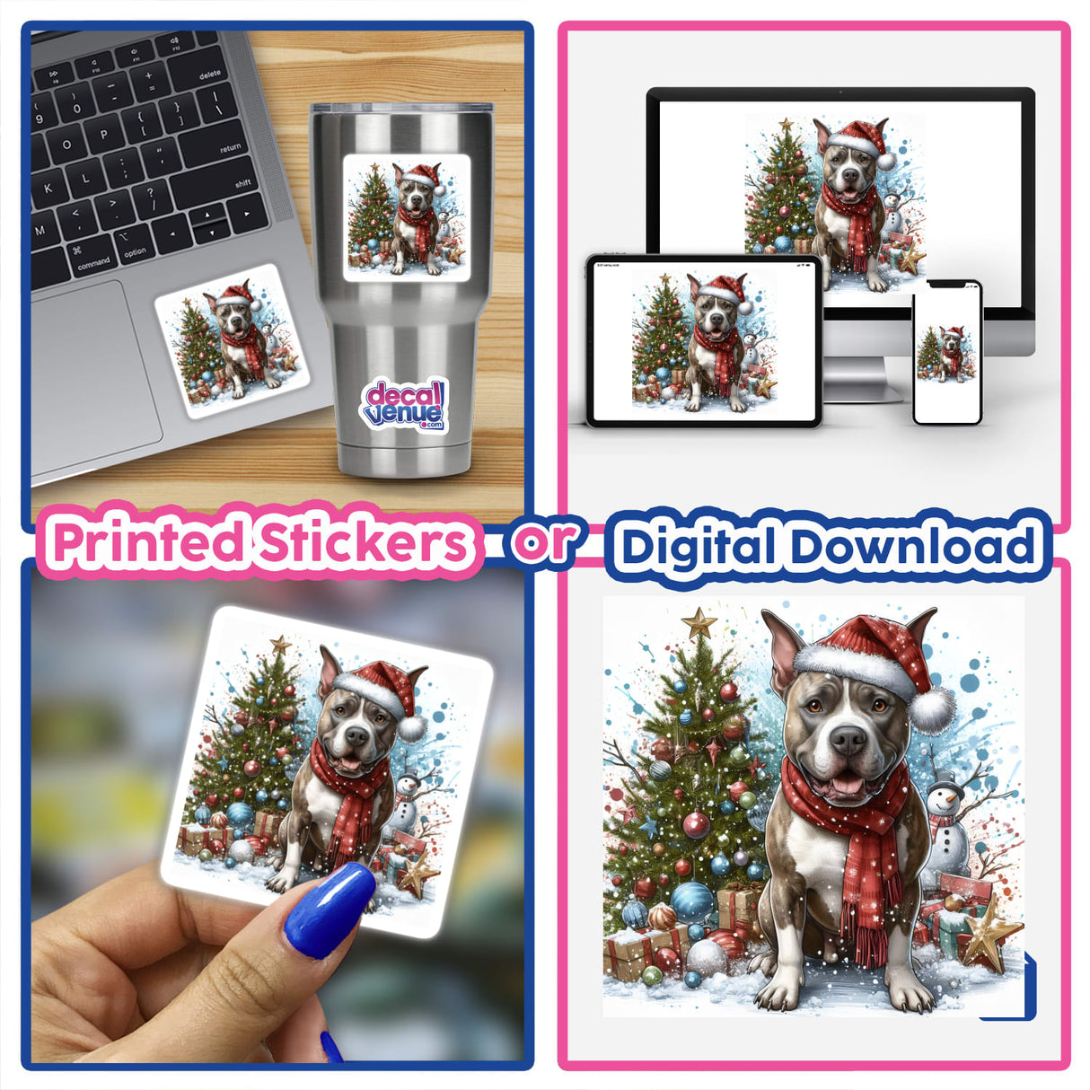 Watercolor Christmas Pitbull Dog stickers and digital artwork, featuring a pitbull wearing a festive hat and scarf, with Christmas themes like trees and laptops in a collage.