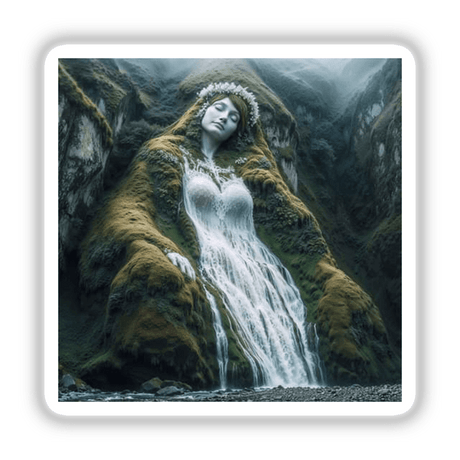 Mountain Lady artwork depicting a woman adorned in a moss dress, standing beside a cascading waterfall. Available as unique stickers or digital artwork from Decal Venue.