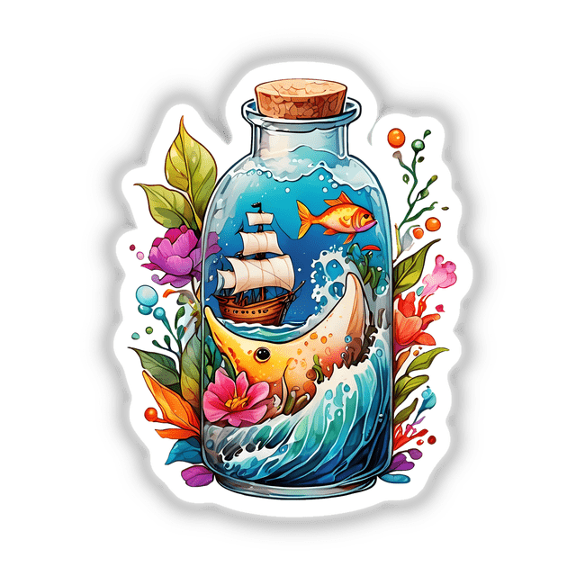 Pirate Ship in a Bottle Sticker - Nautical Scene Illustration: A cartoon-style sticker depicting a ship with sails enclosed in a corked bottle. Available as stickers or digital artwork.