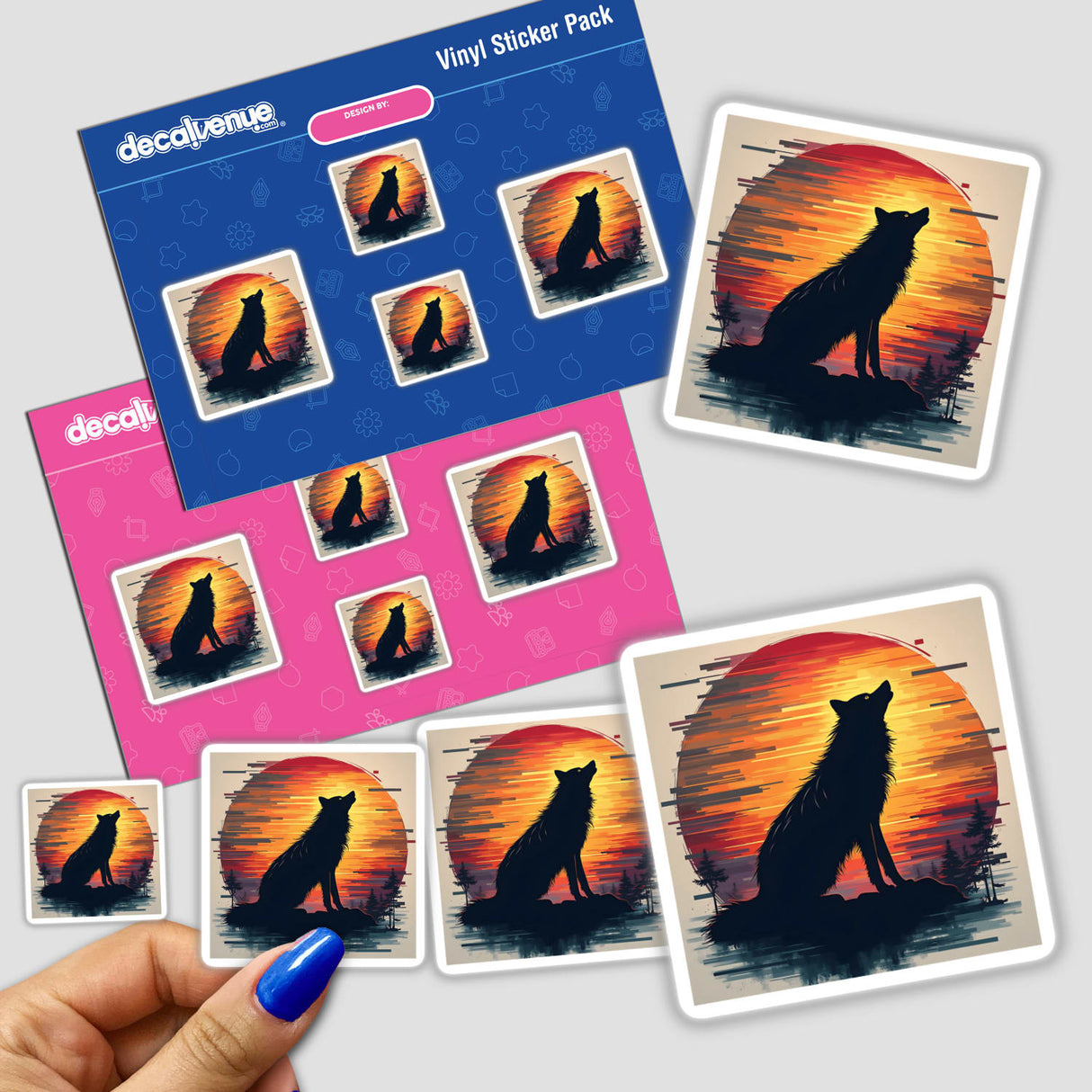 Wolf Silhouette with Vibrant Stripes Art sticker showing a detailed wolf howling against a sunset background, displayed close-up on a finger. Available as stickers or digital artwork.