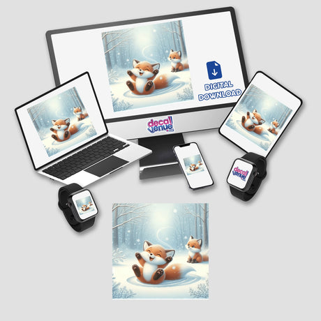 Image of the Two Foxes Playing digital artwork displayed on a laptop and computer monitor, available as stickers or digital art, depicting foxes frolicking in the snow.